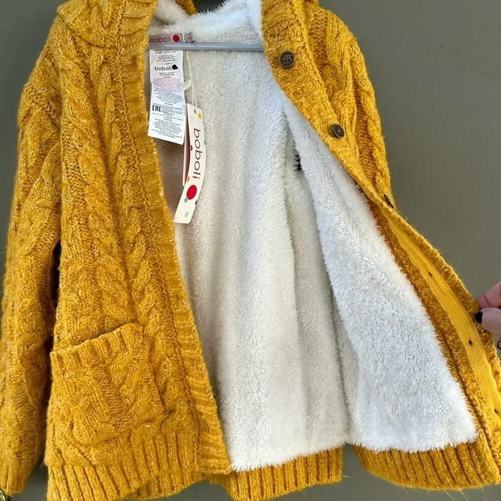 Boboli Kid’s Yellow Cable Knit Button Down Hoodie, Faux Fur Lining Size 8yrs NWT